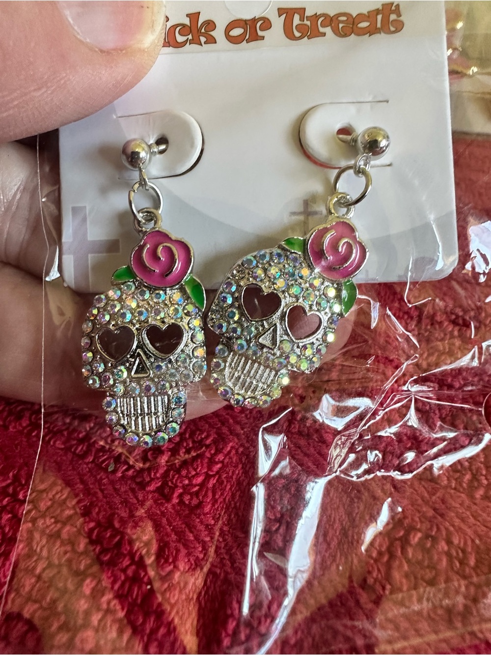 Pink Rose Crystal Skull Drop Earrings